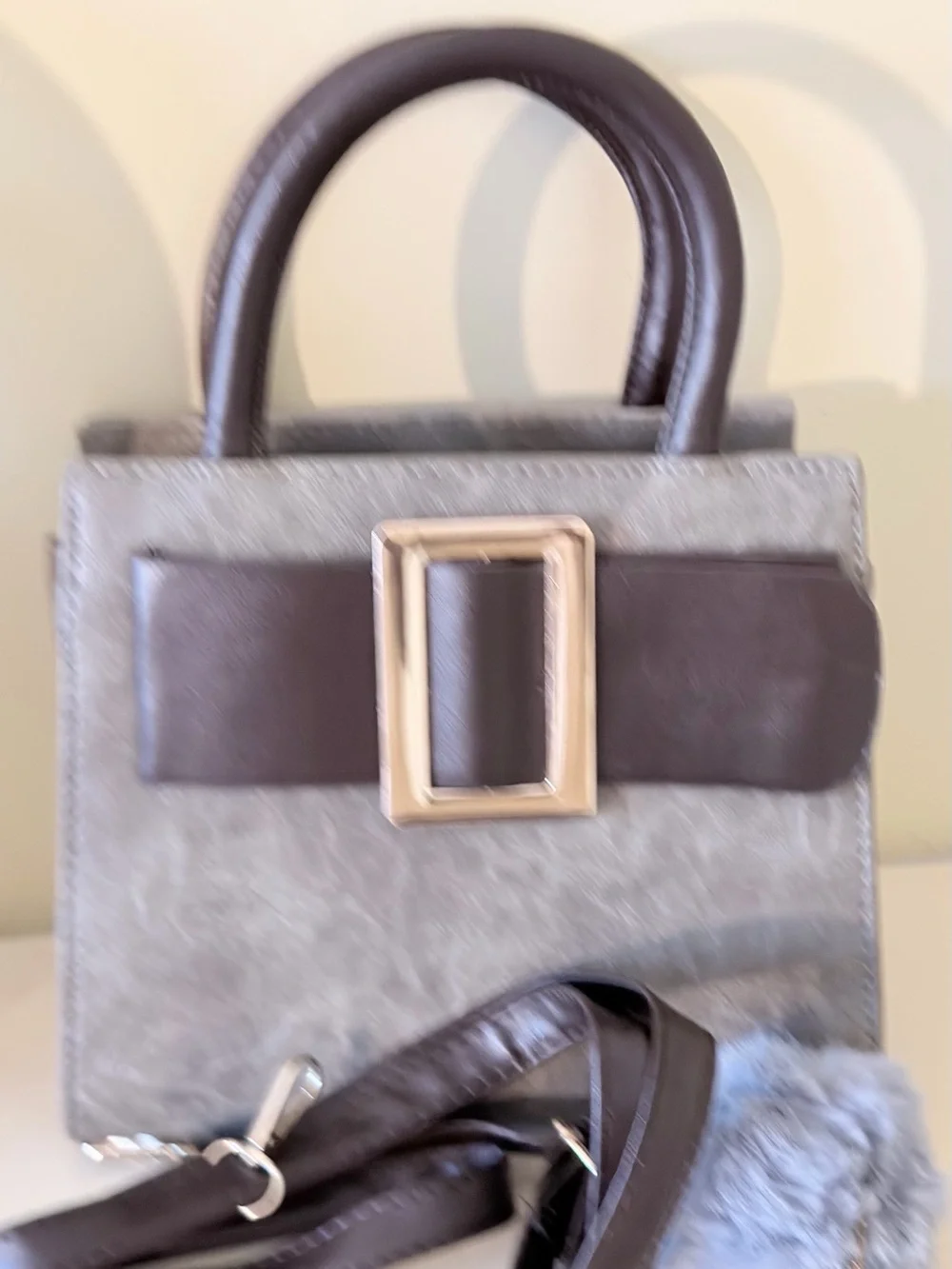 Gray Suede Top-Handle Satchel with Pom Pom Charm